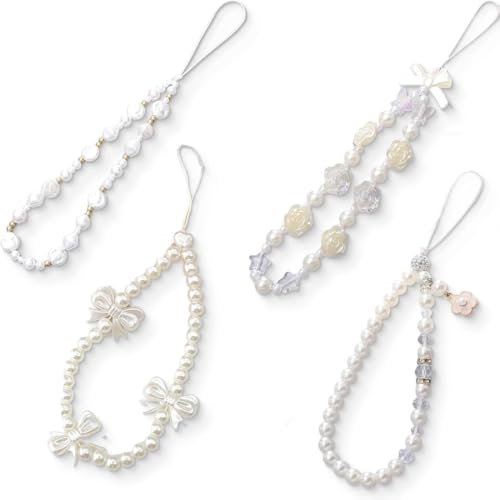 4 Stück Handgemachte Anti-Lost Handyhülle Lanyard Anhänger Kette, Handy-Anhänger, Telefon Perlen Kette Schmuck