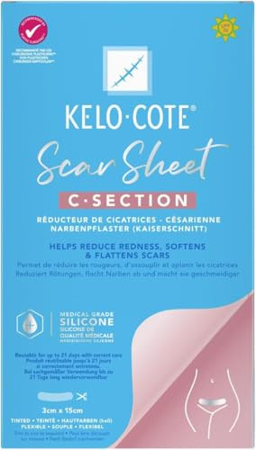 KELO-COTE Kaiserschnitt Silikon-Narbenpflaster 3 cm x 15 cm | Für die Narbenbehandlung nach Kaiserschnitt (C-Sektion), Packung mit einem wiederverwendbaren Pflaster