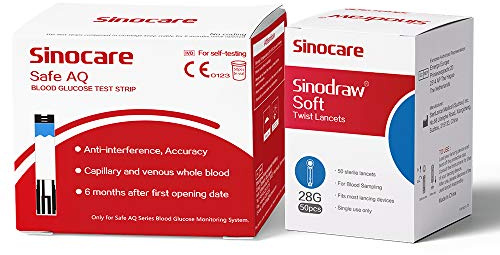 Safe-AQ Blood Glucose Test Strips 50 Pack & Lancets 50 Pack, No Coding Required, 0.6µL Sample Size, 24-Month Shelf Life, Compatible with Sinocare Safe-AQ Smart & Voice Blood Sugar Monitors