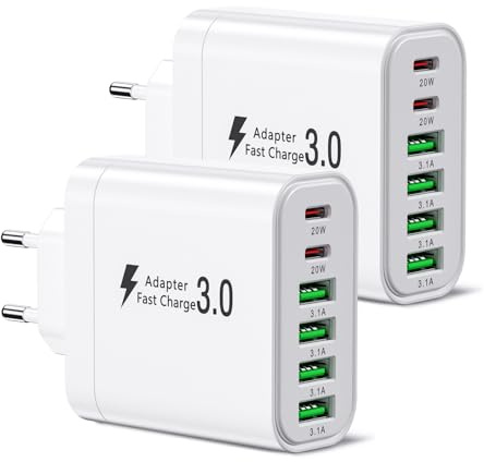 [2 Stück] USB C Ladegerät, Multi Port Ladestecker, 52W 6-Port Ladeblock, Dual PD Schnellladegerät, USB C Wandladegerät C-Typ Stecker, Adapter kompatibel mit iPhone 12/13/14/15/Samsung S24/S23/S22.