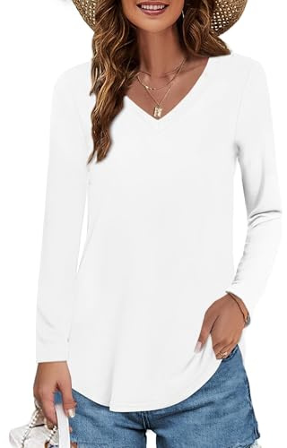 Elesomo Damen Langarmshirt V Ausschnitt Longshirt Tshirt Casual Basic Tops, Weiß XL
