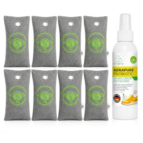 Anti-Geruch Set für Schuhe – 8x Aktivkohlebeutel + 100ml probiotisches Spray – gegen Fußgeruch & Schweißfüße – natürliches Schuhdeo ohne Chemie – Schuhgeruch entfernen & Schuhe trocknen