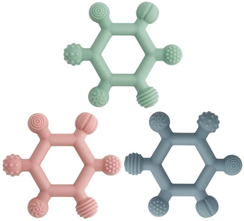 Meartchy 3 Pack Baby Teething Toys, BPA-Free Silicone Baby Teether Toys Teething Relief, Chew Toy for Babies 6-24 Months (Green & Blue & Pale Pink)