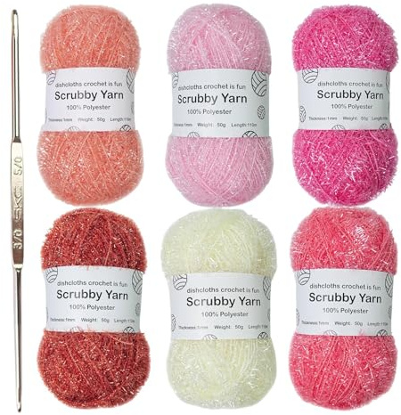 6 Pieces Scrubby Yarn for Dishcloths, Assorted Colors Polyester Scrubby S-parkle Yarn for Dishcloths, Crochet and Knitting Project, Dishwashing Cloths, Bath Towels, with Crochet