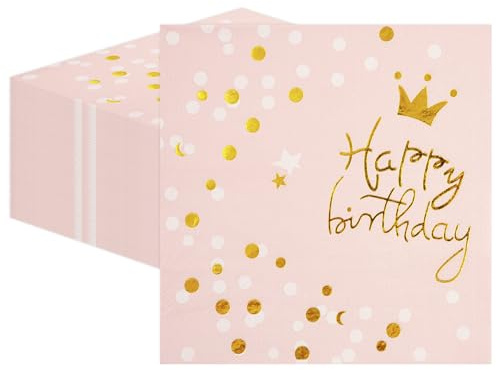 50Stück Servietten Geburtstag Rosegold-Happy Birthday Servietten 33x33CM Tischdekoration Papierservietten für Kinder Frau Mädche Geburtstag Party Deko Jubiläum Junggesellinnenabschied Party Deko