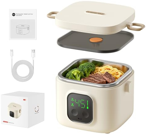 Electric Lunch Box,14000mAh Battery Powered,7 Timer 4 Temperature Settings | Rechargeable Heated Lunch Box Removable 304 SS Inner,800ML Cordless Portable Food Warmer for Car/Office/Travel/Picnic/Outdoor