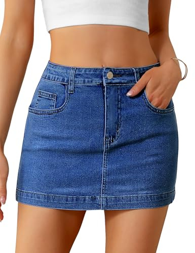 Gonna di jeans da donna corta a vita alta, minigonna in denim elasticizzato casual, gonna di jeans con tasche, trendy, Blu scuro, S