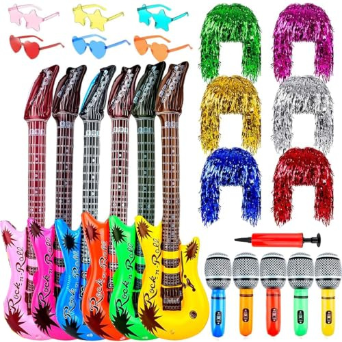 25Pcs Inflatable Party Props Set, Inflatable Instruments Guitar Microphone Set, 6 Foil Tinsel Wig, Eyeglasses, Colorful Party Photo Booth Props Decorations for Adults