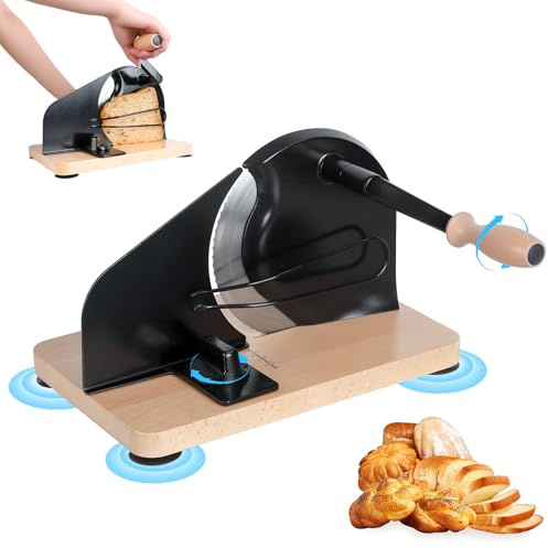 Manual Bread Slicer for Homemade Loaf, Adjustable Thickness Cutter with Stainless Steel Blade, Retro Gear Drive Slicing Machine, Suction Base for Sourdough, Bagel, Cake, Kitchen Baking Tool (Black)
