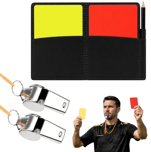 Kit d'Arbitre de Football avec Carte Jaune et Rouge, 2 Sifflets d'Entraîneur, Sifflet Fort en Acier Inoxydable avec Cordon Tour de Cou, Idéal pour Le Football, Le Basket-Ball et Les Sports
