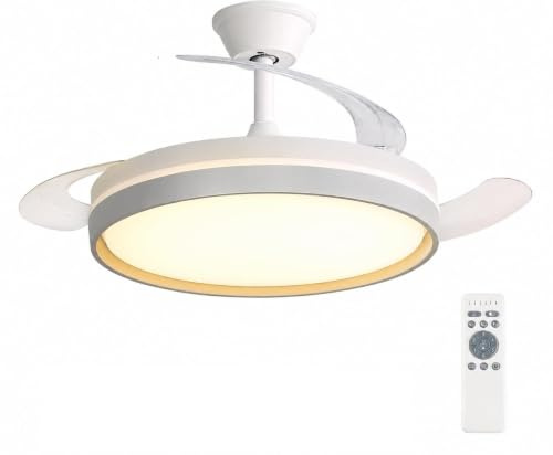 KROWN - Ventilador de Techo con Luz LED 70W y Motor DC 30W, Aspas Retráctiles, Mando a Distancia, 6 Velocidades, 3 Temperaturas de Luz, Temporizador, Función Verano/Invierno, Blanco