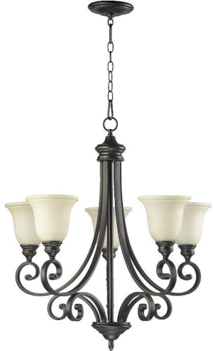Quorum International Bryant 5‑Light Traditional Chandelier | 28 w x 30 h | Oiled Bronze Finish | Amber Scavo Bell Shades | Medium Base Candelabra | Chain Hung | Dry Rated | Model 6154‑5‑86