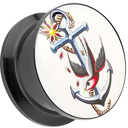 Piercingfaktor Ohr Plug Flesh Tunnel Piercing Ohrpiercing Kunststoff Schraub Schraubverschluß Picture mit Anker und Schwalbe Motiv 20mm