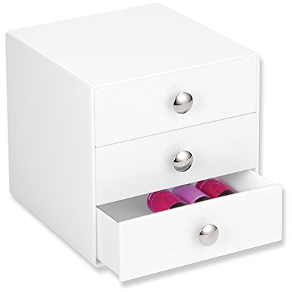 iDesign Make-Up Organizer mit 3 Schubladen, quadratische Schubladenbox aus Kunststoff, kompakter Schubladenturm für Schminke und Kosmetika, weiß, 1 Stück