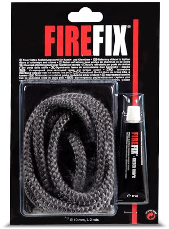 FIREFIX 2044 Keramikkordel ø 10mm, grau I 2m Ofendichtschnur für Kaminofen I Rundkordel I Ofendichtung mit bis zu 1100 °C hitzebeständigem Kleber 17ml