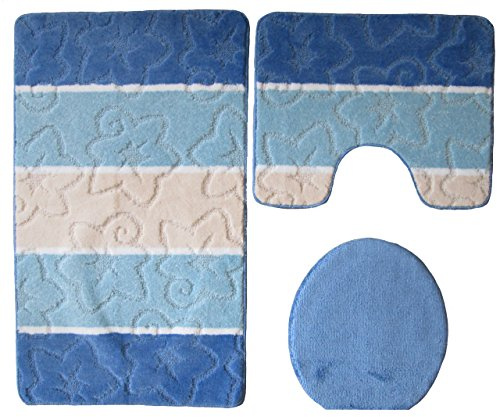 Orion Badgarnitur 3 TLG. Set 60x100 cm, farbig gestreift, WC Vorleger mit Ausschnitt für Stand-WC (blau hellblau beige)