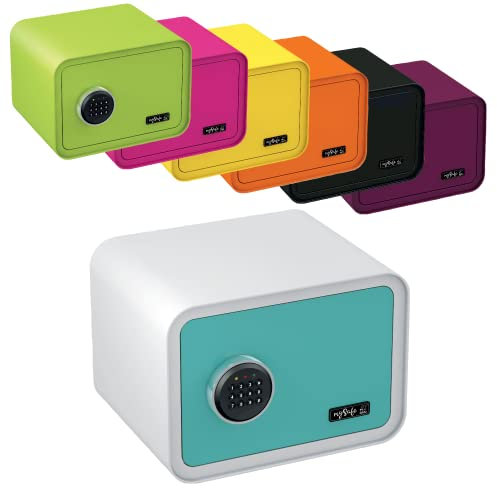 mySafe 350 Code | Elektronischer Tresor mit Zahlenschloss | 35x35x28cm | Design Safe | Möbeltresor | Stahltresor Doppelbolzenverriegelung | Alarm und Notschlüssel | Wand- Bodentresor | Farbe Blau-Weiß