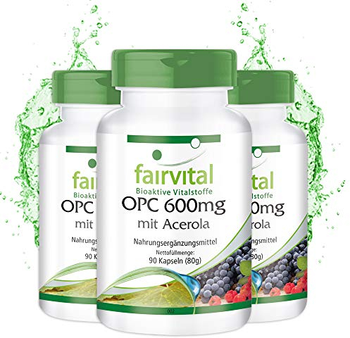 Fairvital | OPC 600mg Kapseln Acerola - 270 Kapseln (90 x 3) - HOCHDOSIERT - VEGAN - Traubenkern-Extrakt