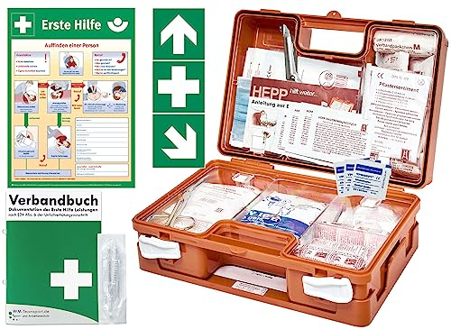 Erste Hilfe Kasten -Komplettpaket- aktuelle DIN/EN 13157 für BÜRO & BETRIEBE inkl. DIN/EN 13164 für KFZ - INKL. 1. Hilfe AUFKLEBER & AUSHANG + Verbandbuch (Perforierte Seiten)