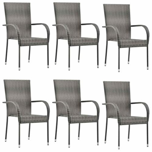 vidaXL 6X Gartenstuhl Stapelbar Gartensessel Stapelstuhl Essstuhl Stapelsessel Stuhl Sessel Stühle Gartenmöbel Terrasse Grau Poly Rattan