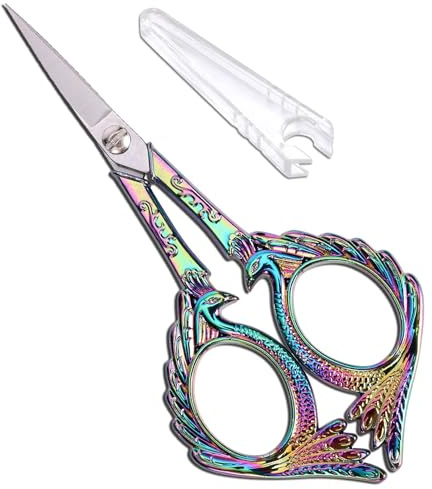 YOUGUOM Stickschere – kleine Vintage-Schere für Bastelarbeiten, Nähen, Kunstwerke, Handarbeiten, Stoffschneiden, Fadenschere, 12,7 cm Regenbogen-Pfauen-Stil