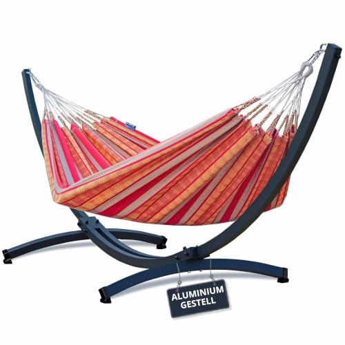 Potenza Outdoor Hängematte mit Tytan Gestell für 2 Personen I 100% Baumwolle Pereira Doppelhängematte 230x160 cm, 200kg I Hängemattengestell 350kg, wetterfest (Aluminium Gestell Graphit, Mandarin)