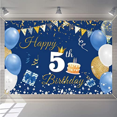 Decoración de cumpleaños número 5 para niño/niña, telón de fondo de 5 años, cartel de tela, suministros de fiesta de feliz 5º cumpleaños, fondo de fotografía azul, cartel de bienvenida, 150 cm x 90 cm