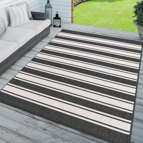 TT Home In-& Outdoorteppich Wetterfest Terrasse Geometrisches Design Gestreiftes Design, Farbe: Weiß Anthrazit, Größe:140x200 cm