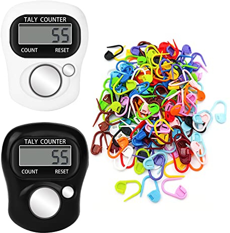 2-Piece Finger Counter with 100-piece Knitting Positioning Mark Buckle, Digital Display Counter, Mini Counting Tool, 5-Digit Resettable Counter, Suitable for Weaving and Sports.