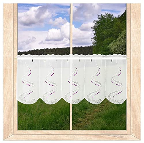 Stickerei-Scheibengardine Julietta Weiß-Lila HxB 30x112cm | atelier alles-Spitze Halbtransparente Kurzgardine | modern bestickt | Pflegeleicht 100% Polyester