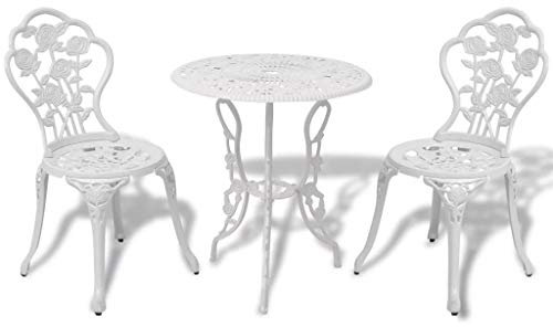 Keketa 3-delat bistroset, bistroset för trädgård, bistrobord och stol för balkong, terrass och bakgård, utomhus, trädgårdsmöbler, uteplats, bistroset, gjutet aluminium, vit