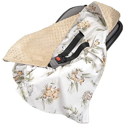Medi Partners Einschlagdecke Baby Babyschale 100% Baumwolle für Sommer 85x85cm Kinderwagen Kuscheldecke universal Baby Decke Einschlagdecken Babydecke Buggy Autositz (Safari mit beigem Minky)