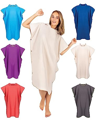 Gräfenstayn Premium badponcho med knappar – Öekotex 100 – flytthjälp kvinnor och män – surfponcho strand – handduk poncho vuxna – omklädningshjälp – badcape mikrofiber (S-M beige)