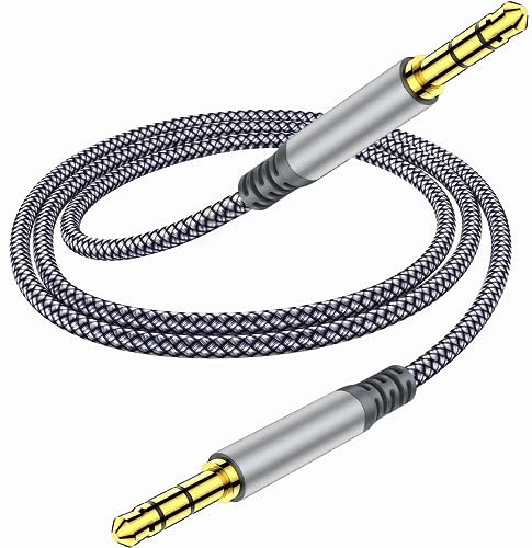 Henrety 3,5 mm Nylon geflochtenes AUX-Kabel (1 m) – Stecker auf Stecker, Audio-Aux-Kabel für Kopfhörer, Auto, Heim-Stereoanlagen, Lautsprecher, iPhone, iPad, iPod, Echo – Grau