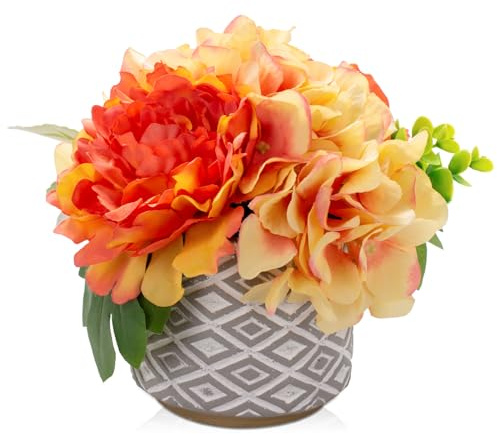 Hollyone Artificial Flowers in Pot, Orange Silk Peonies Fake Hydrangeas Potted, Faux Flower Arrangements with Cement Pot for Home Decor, Wedding, Centerpiece, Living Room, Office, Bathroom Decorations