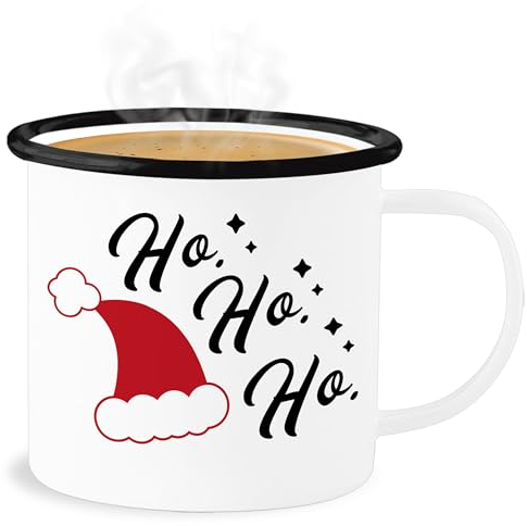 Emaille Becher Blechbecher - Weihnachtstasse Tasse Weihnachten - Ho Ho Ho - Santa Mütze - 300 ml - Weiß Schwarz - weihnachtstassen christmas weihnachtsmann weihnachtsmotiv weihnachts