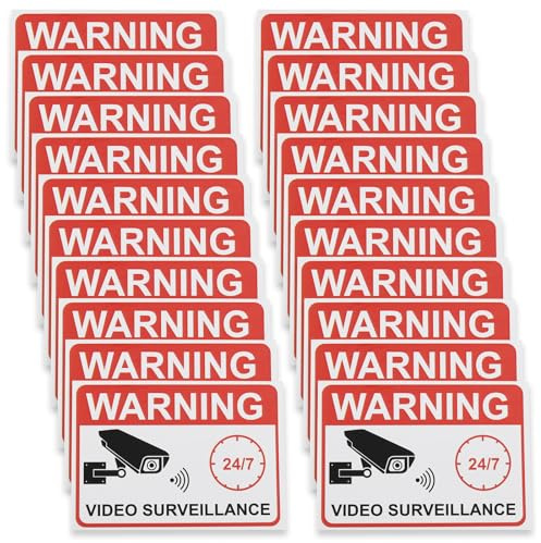 Be In Your Mind 20 Stück Warnaufkleber Zur Videoüberwachung 7,4 x 5,2 cm Videoüberwachungsschild Aufkleber für Glastüren Fensterläden, Englisch Version