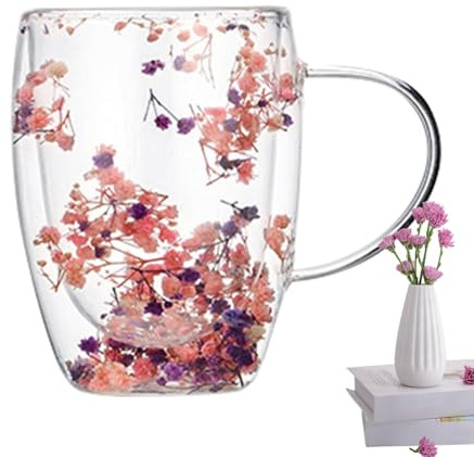 Rehmanniae Dry Flowers Double Walled Glass Coffee Mugs, Decorative Pink Purple Insulated Espresso Cup with Dual Layered Design