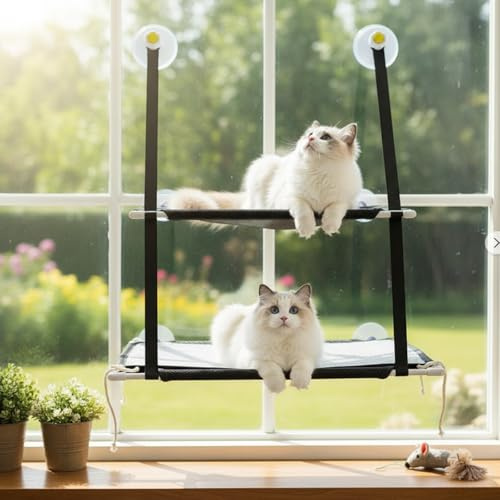 Fenster Katzenhängematte für Katzen bis 25kg,Doppellagiges Katzen Hängematte für Katze in Innenräumen,Verstärkte Katzens Fensterplatz mit Starkem Saugnapf,51 X 31 cm,Fensterbankliege Katze