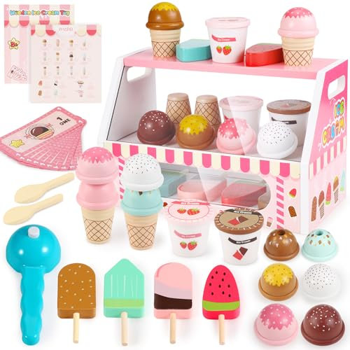 Lovchil Wooden Ice Cream Set for Kids, More Pcs Wooden Role Play Ice Cream Shop Play Food Kitchen Toy Imaginative Toys Gift for 3 4 5 6 7 Year Old Girls & Boys, Christmas