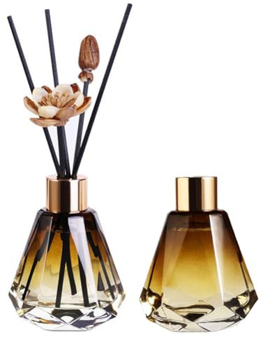 2 botellas difusoras vacías de vidrio con forma de diamante ámbar recargable de 60 ml con tapa dorada, frascos difusores de varillas de aceite de incienso esencial, difusor de fragancia para