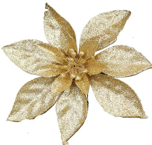 dvnFWKc Decorate Artificial Flowers, 10 stücke Glitter Baum Kranz Ornamente Hause Hochzeit Party Decor Weihnachtsstern DIY Blumen Geschenke(Gold)