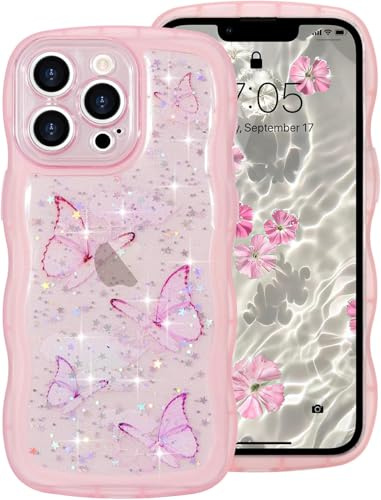miyonsin Custodia per iPhone 15 PRO Max, Graziosa Custodia a Forma di Onde Ricce TPU Antishock Cover, Glitter Farfalle Trasparente Custodia Protettiva per Ragazze e Donne, Rosa
