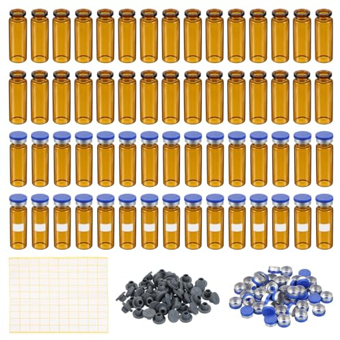 PATIKIL 15ml Sample Vials, 100 Pack Lab Bottles with Butyl Rubber Stopper, Crimp Top Cap and Labels, Borosilicate Glass Vial, Amber