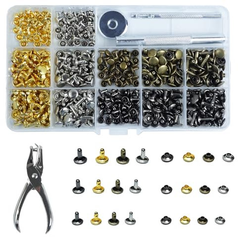 180 Set Rivetti di Pelle Doppio Tappo, Tubolare Ribattini per Cuoio Rivettato Viti in Metallo, Pinze per Rivetti in Pelle con Doppio Tappo in Metallo, 3 Formati per Vestiti, Borse, Scarpe (4 Colori)