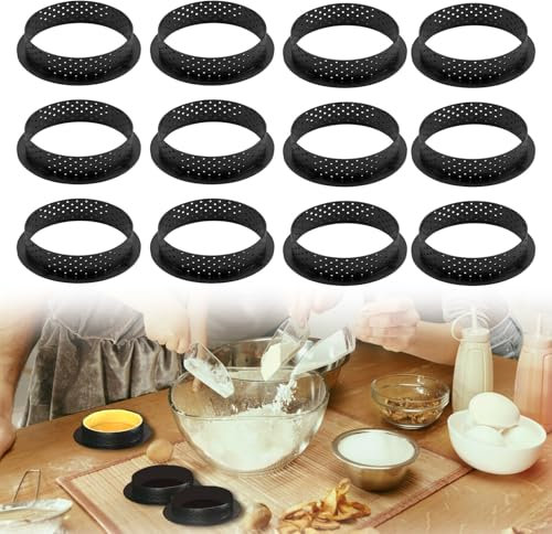 12 Piezas Moldes para Tartas Perforadas, Anillos Redondos Reutilizables, Resistentes a Altas Temperaturas hasta 180°C, Sin Olor, Ideal para Repostería y Postres