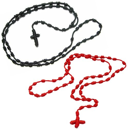 Peosaard Rosario annoiato, 2pcs Collana di Preghiera in Team, Collana a Croce di Perline annodate cattoliche, Collana di Croce Rossa Nera, Collana a Corda Leggera per Donne e Uomini