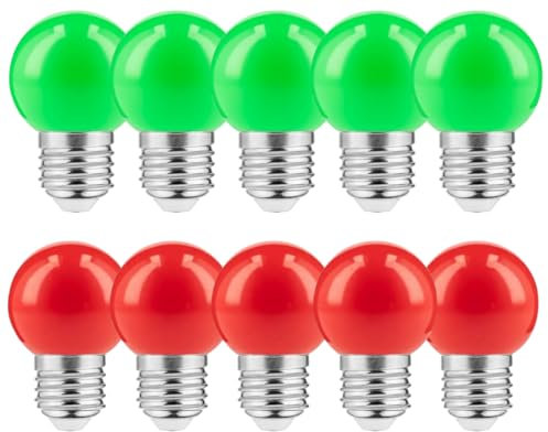JungesLicht E27 LED Leuchtmittel 1Watt Bunte Glühbirne Farbige LED Lampen Deko Girlande Lichterkette Party Bar Hochzeit Halloween 45mm Durchmesser 68mm Länge (5x Rot / 5x Grün Weihnachten)