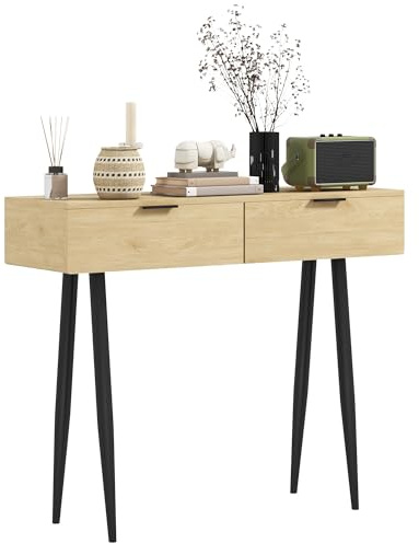 HOMCOM Möbelkonsol, konsolbord, ingångskonsol, nordisk stil, smalt entrébord med 2 lådor och stålben, sofftå, för vardagsrum, entré, hall, ek