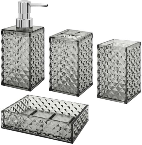 Bathroom Accessories Set, 4 Pcs Bathroom Decor Bathroom Sets Accessories, Diamond Soap Dispenser, Bathroom Tumbler, Soap Dish and Toothbrush Holder Set, Boho Bathroom Decor Grey